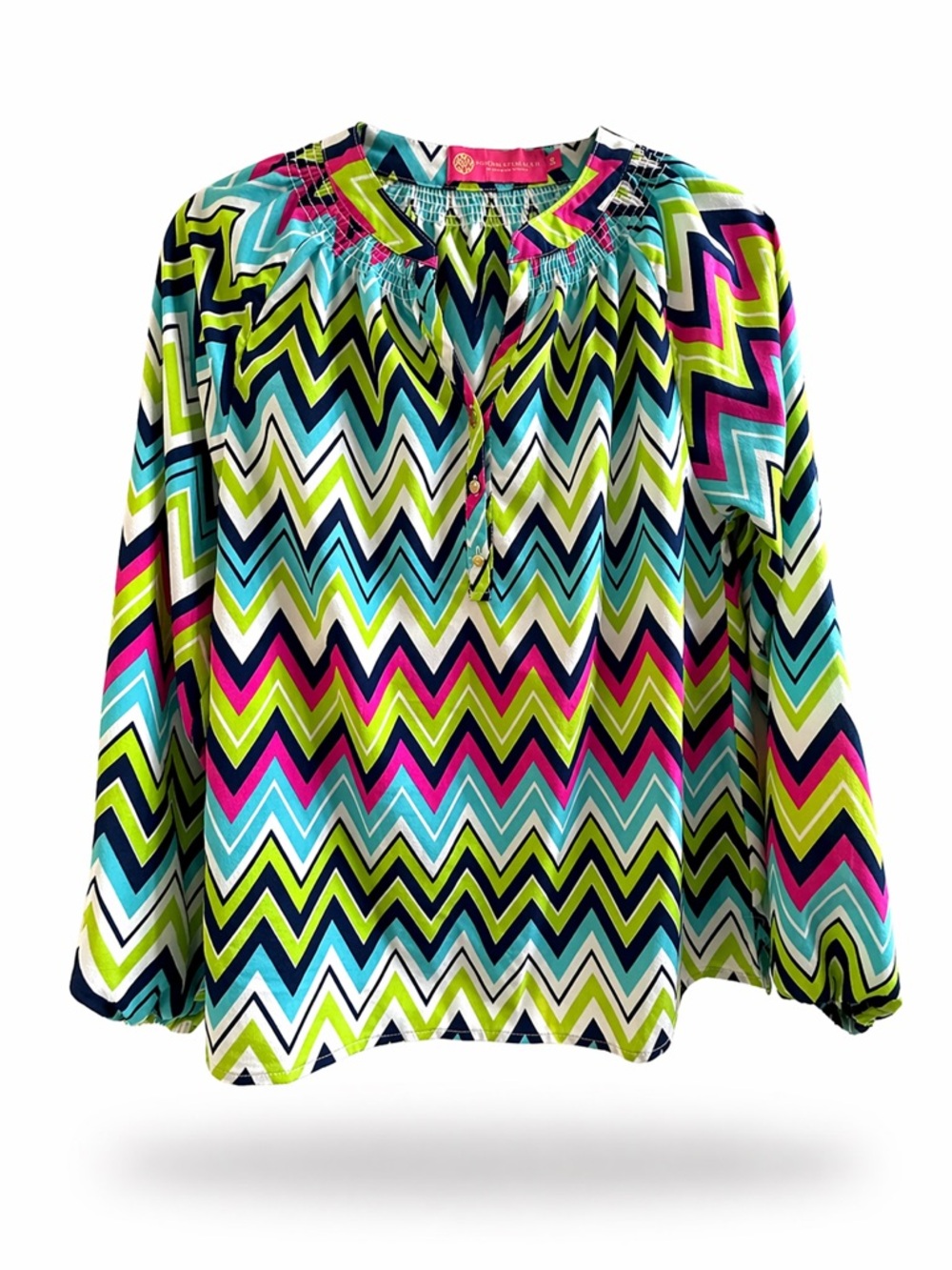 Macbeth Collection Margaret Josephs Vibrant Chevron Blouse Smocked Neck Size S
